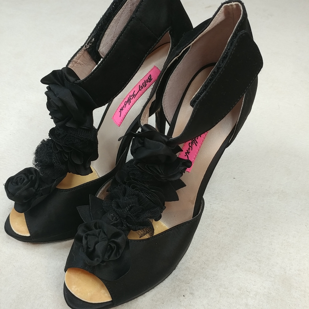 Betsey Johnson Flowery Black Satin Platform Peep Toe Heel